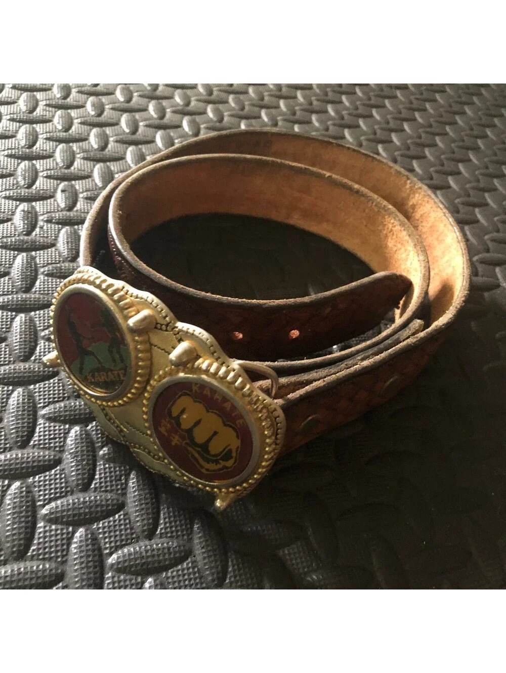 Vintage Leather Karate Belt with Decorative Brass Buckle